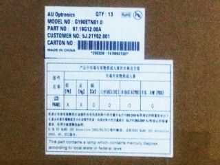 G190ETN01.0 AUO 19.0 인치 WLED 백라이트, 위쪽 I/F, 매트 12S4P WLED, 30K 시간, 운전자 없이